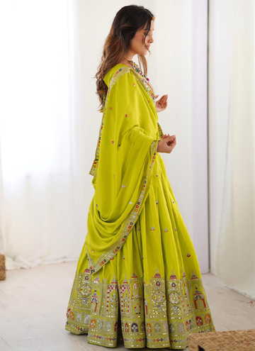 Elegant Lime yellow Crepe silk Festive and Party wear lehenga choli